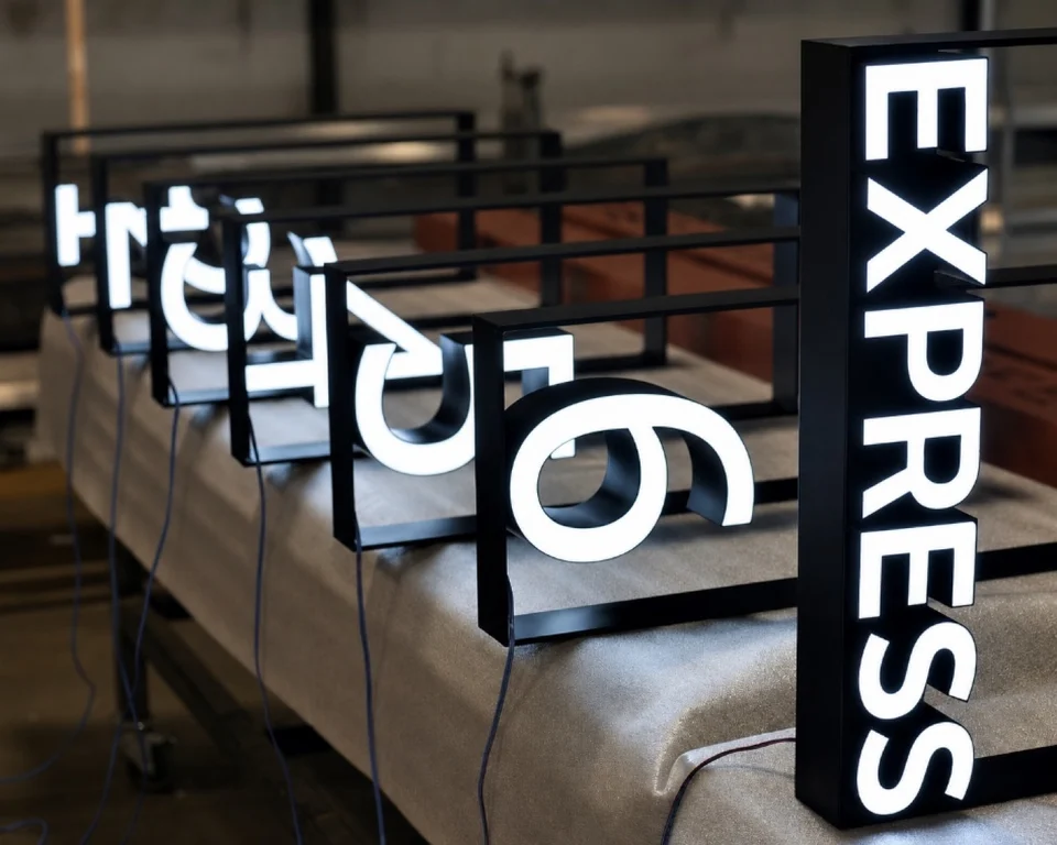 White illuminated trimless channel letters with dark returns — finished-letter reference